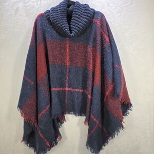 Max Edition Red and Blue Plaid Cowl Neck Poncho ONE SIZE